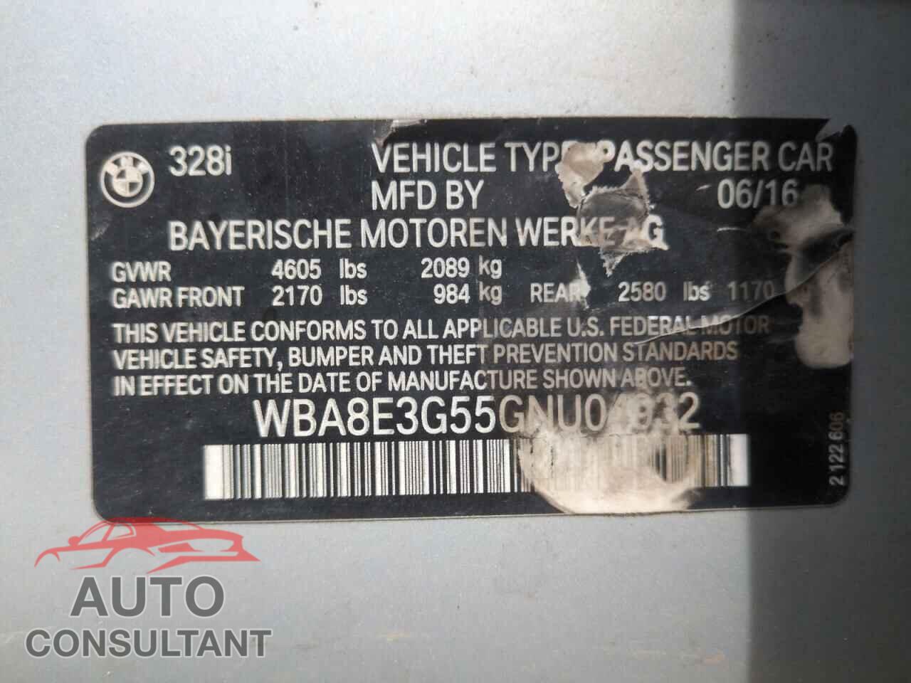 BMW 3 SERIES 2016 - WBA8E3G55GNU04932