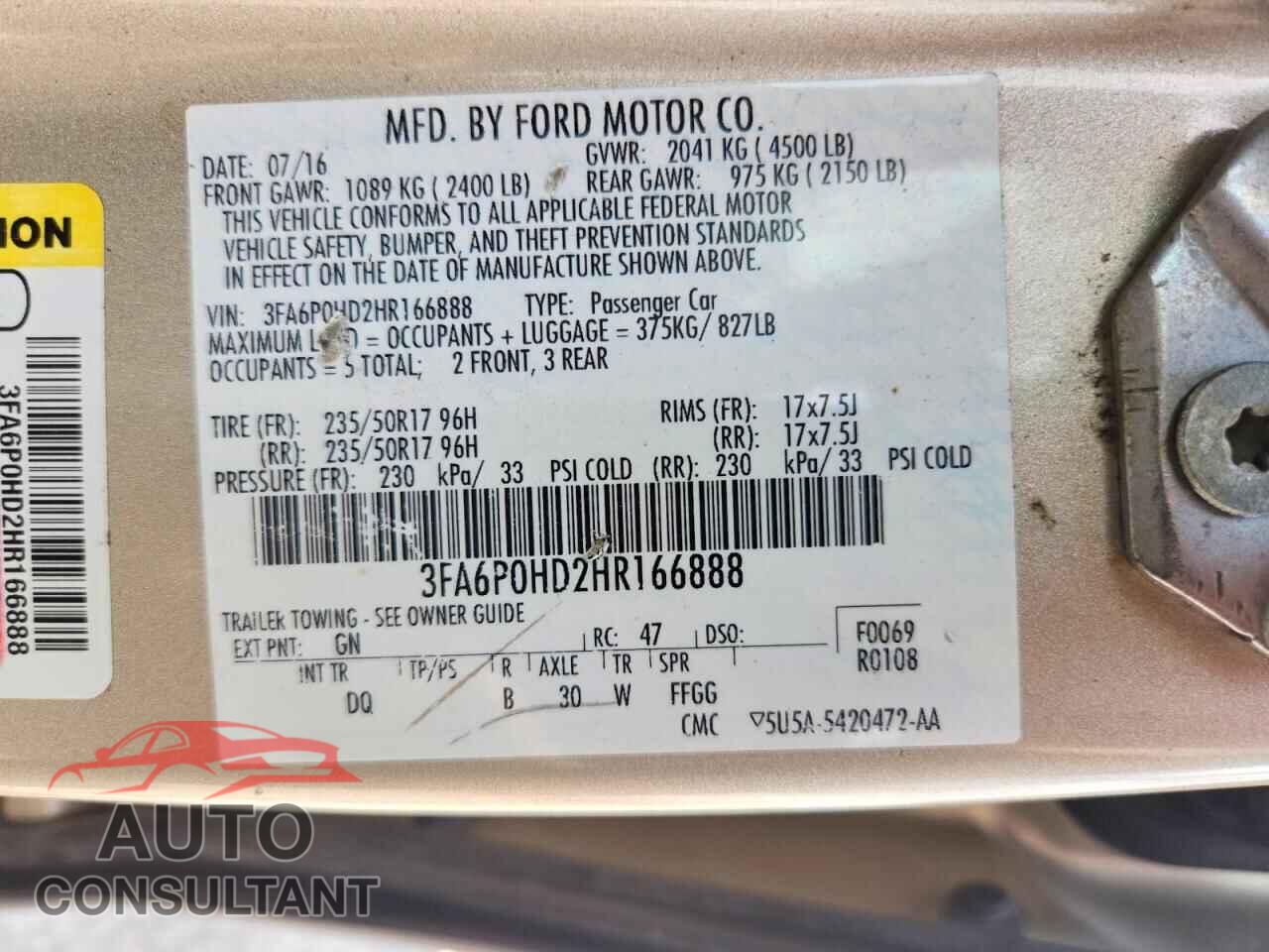FORD FUSION 2017 - 3FA6P0HD2HR166888