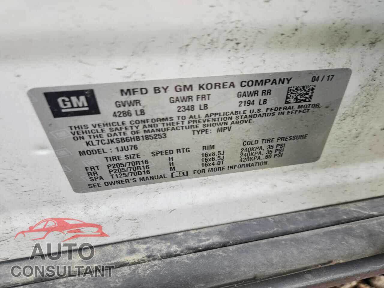 CHEVROLET TRAX 2017 - KL7CJKSB6HB185253