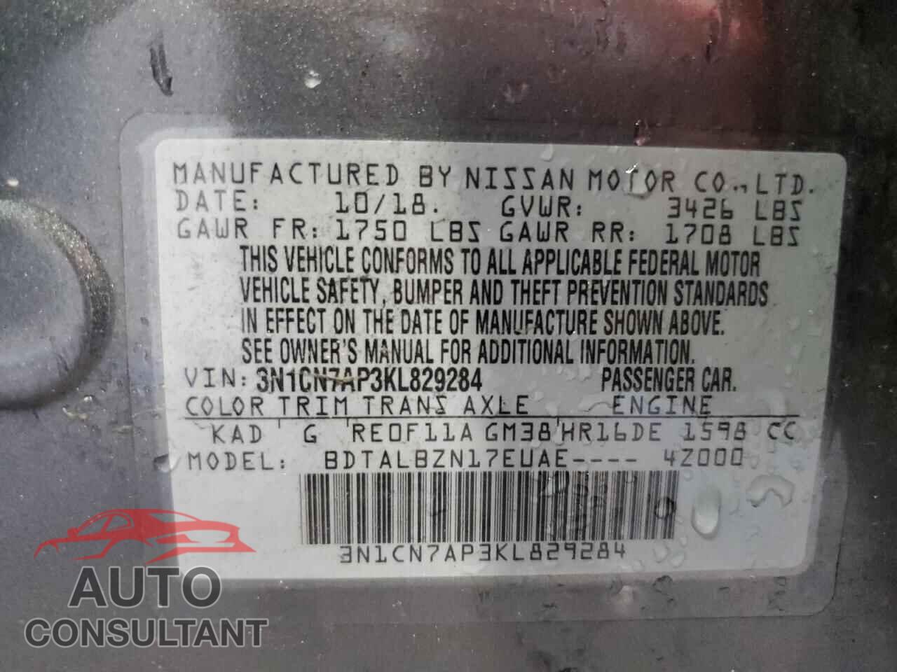 NISSAN VERSA 2019 - 3N1CN7AP3KL829284