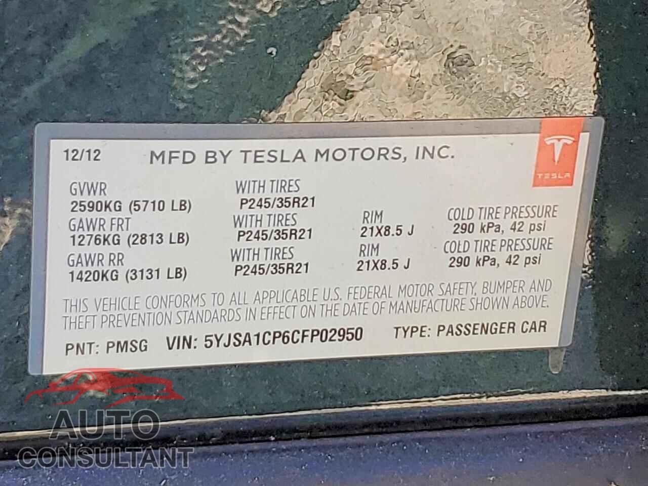 TESLA MODEL S 2012 - 5YJSA1CP6CFP02950