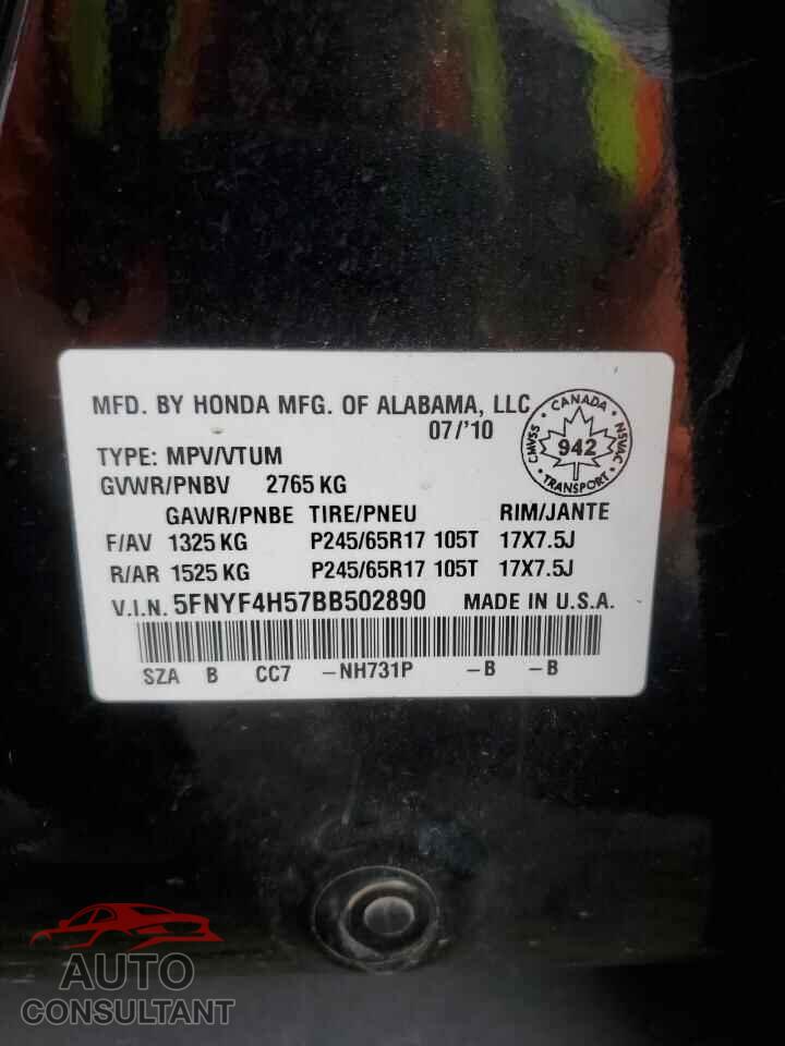 HONDA PILOT 2011 - 5FNYF4H57BB502890