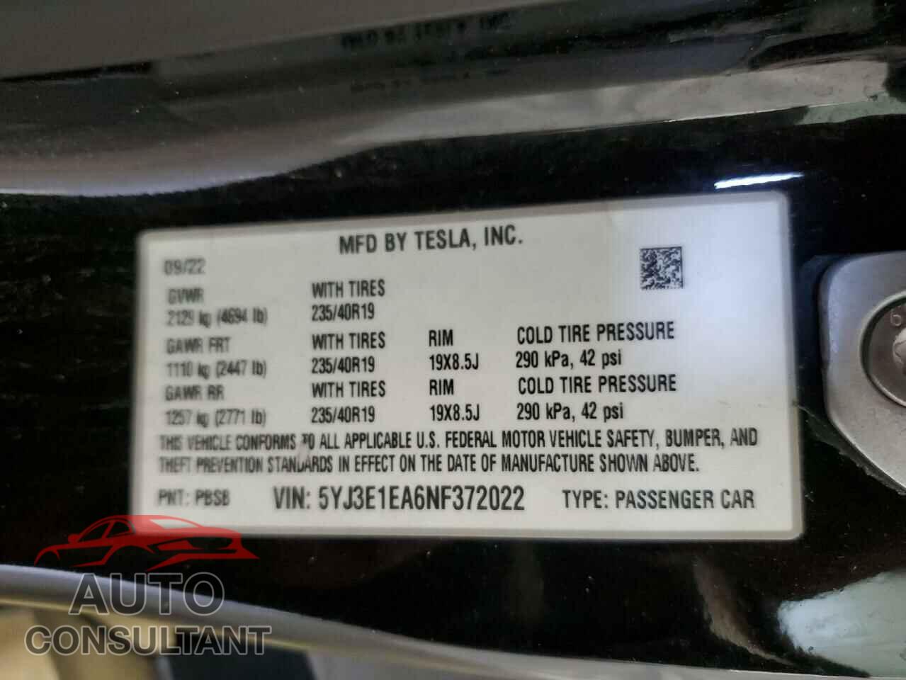 TESLA MODEL 3 2022 - 5YJ3E1EA6NF372022