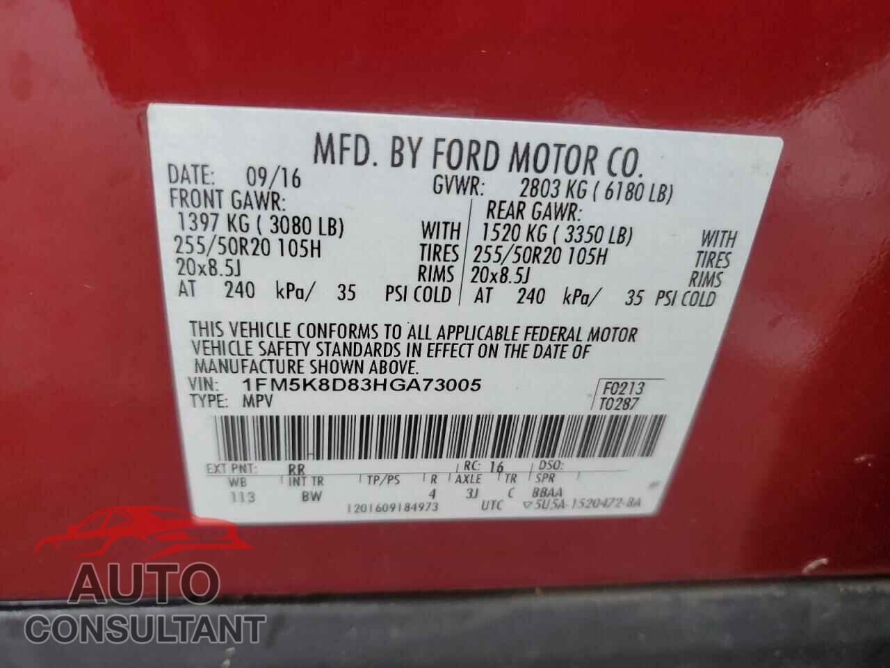 FORD EXPLORER 2017 - 1FM5K8D83HGA73005