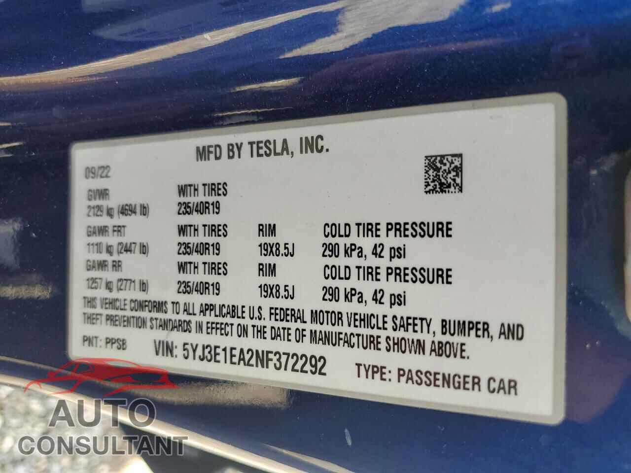 TESLA MODEL 3 2022 - 5YJ3E1EA2NF372292