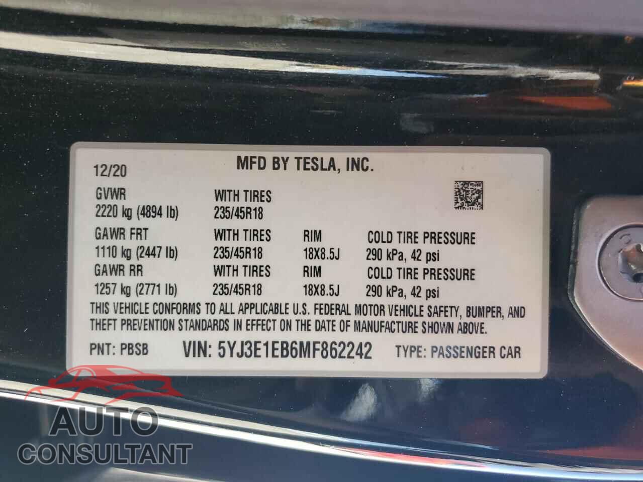 TESLA MODEL 3 2021 - 5YJ3E1EB6MF862242