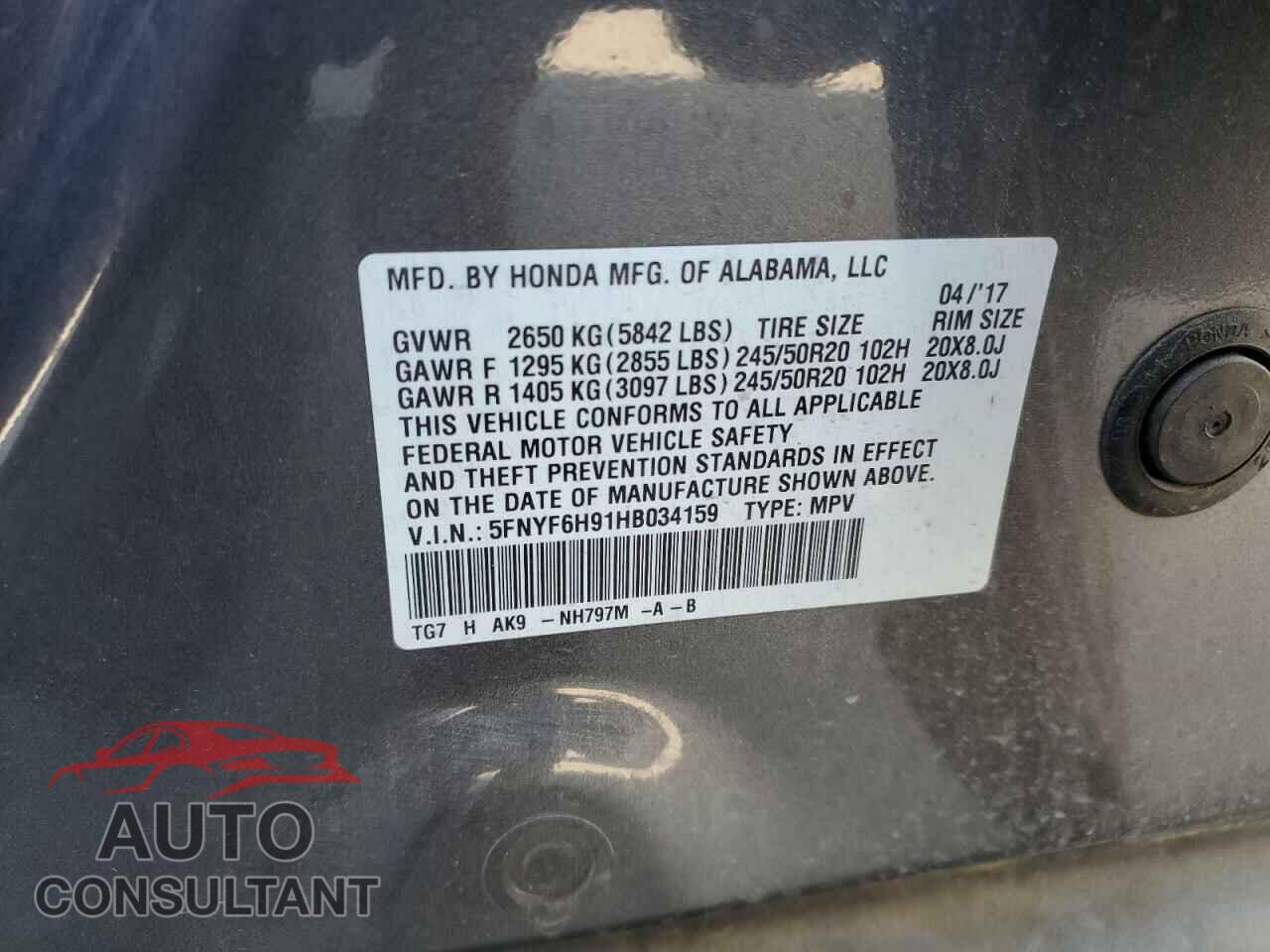 HONDA PILOT 2017 - 5FNYF6H91HB034159