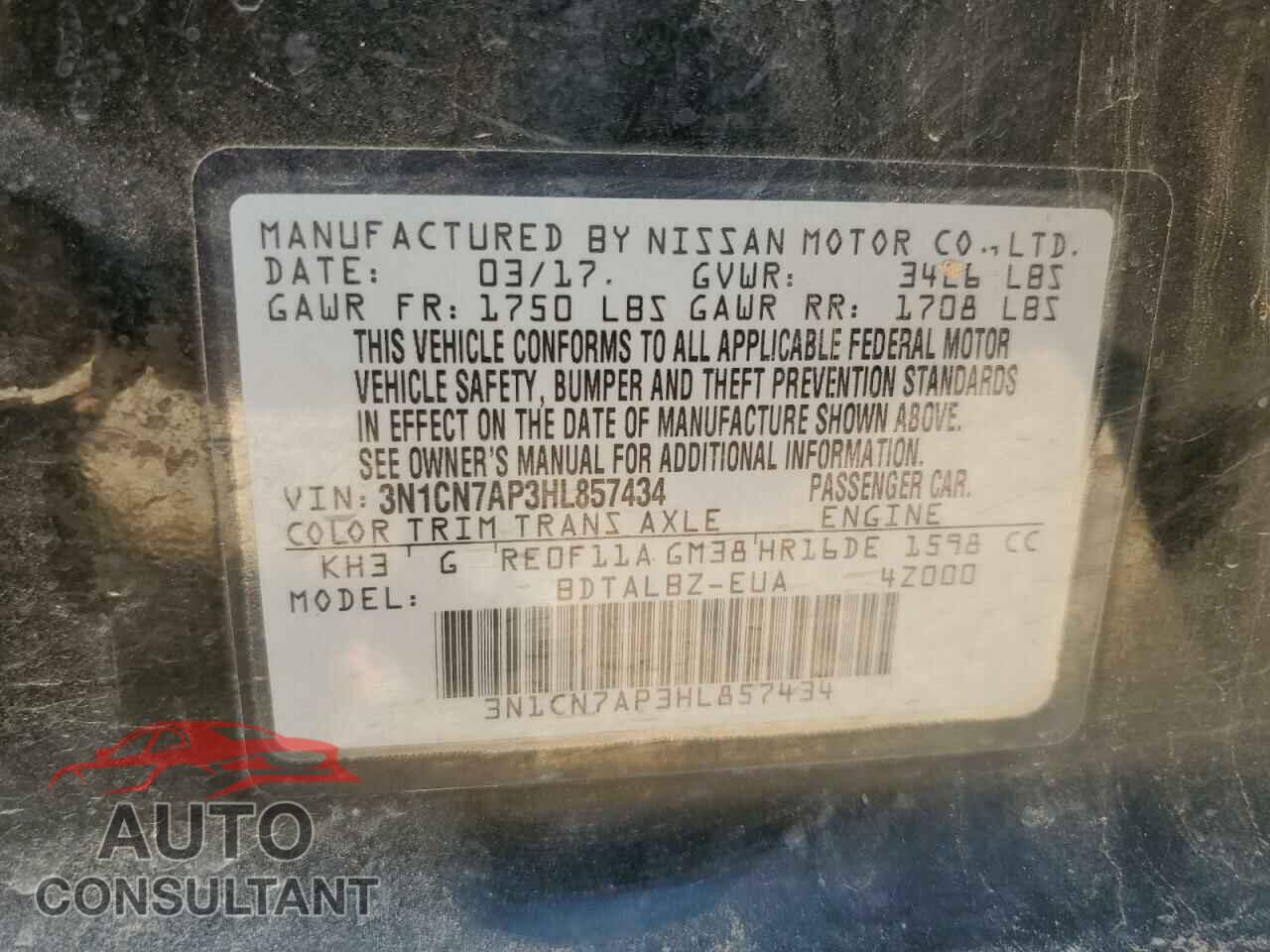 NISSAN VERSA 2017 - 3N1CN7AP3HL857434