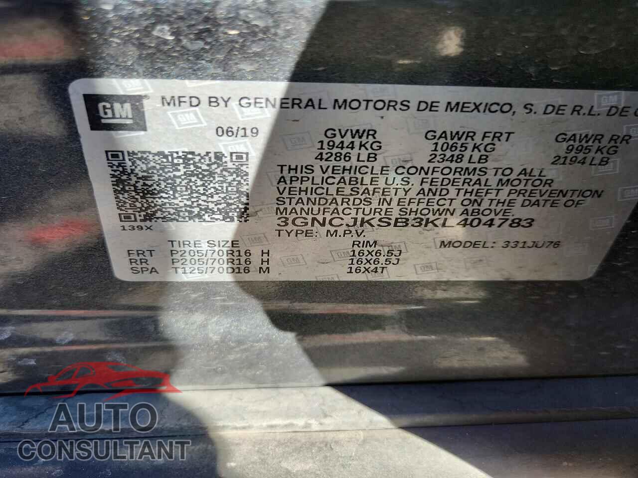 CHEVROLET TRAX 2019 - 3GNCJKSB3KL404783