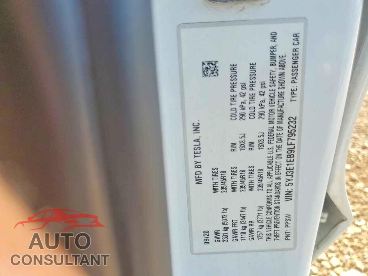 TESLA MODEL 3 2020 - 5YJ3E1EB9LF795232