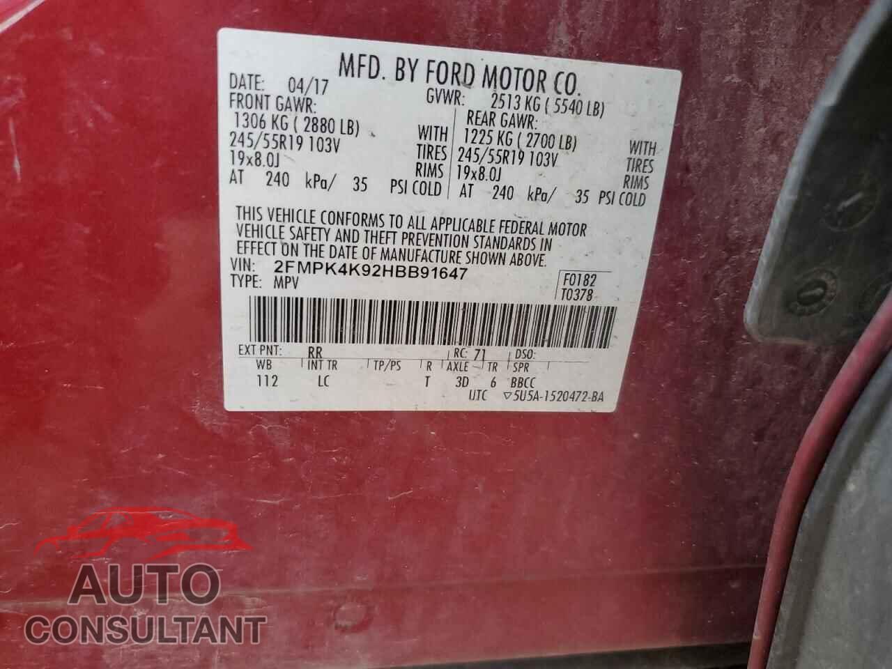 FORD EDGE 2017 - 2FMPK4K92HBB91647