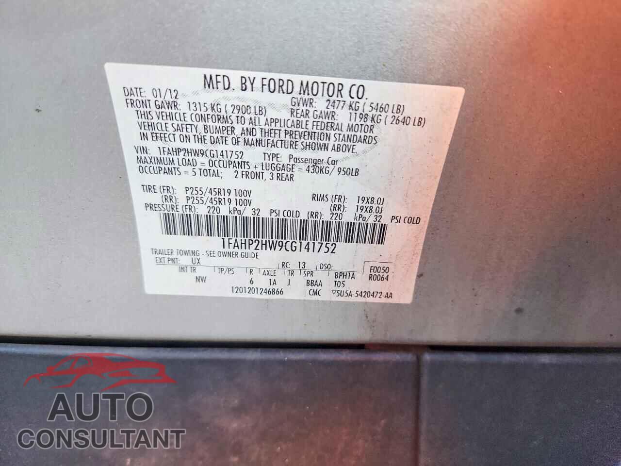FORD TAURUS 2012 - 1FAHP2HW9CG141752