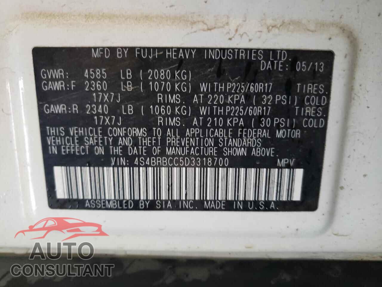 SUBARU OUTBACK 2013 - 4S4BRBCC5D3318700