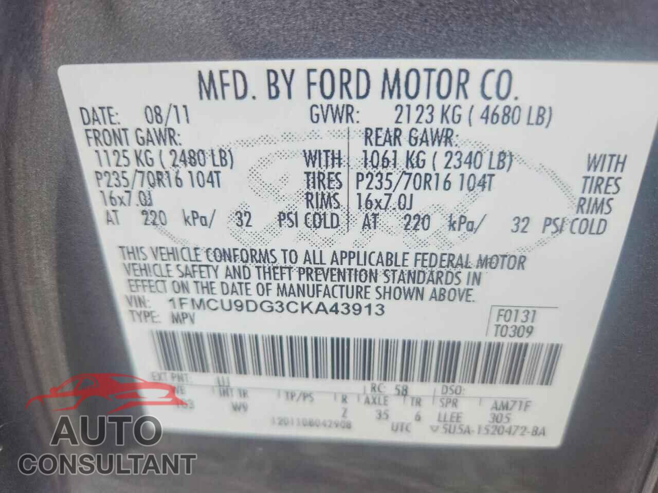 FORD ESCAPE 2012 - 1FMCU9DG3CKA43913