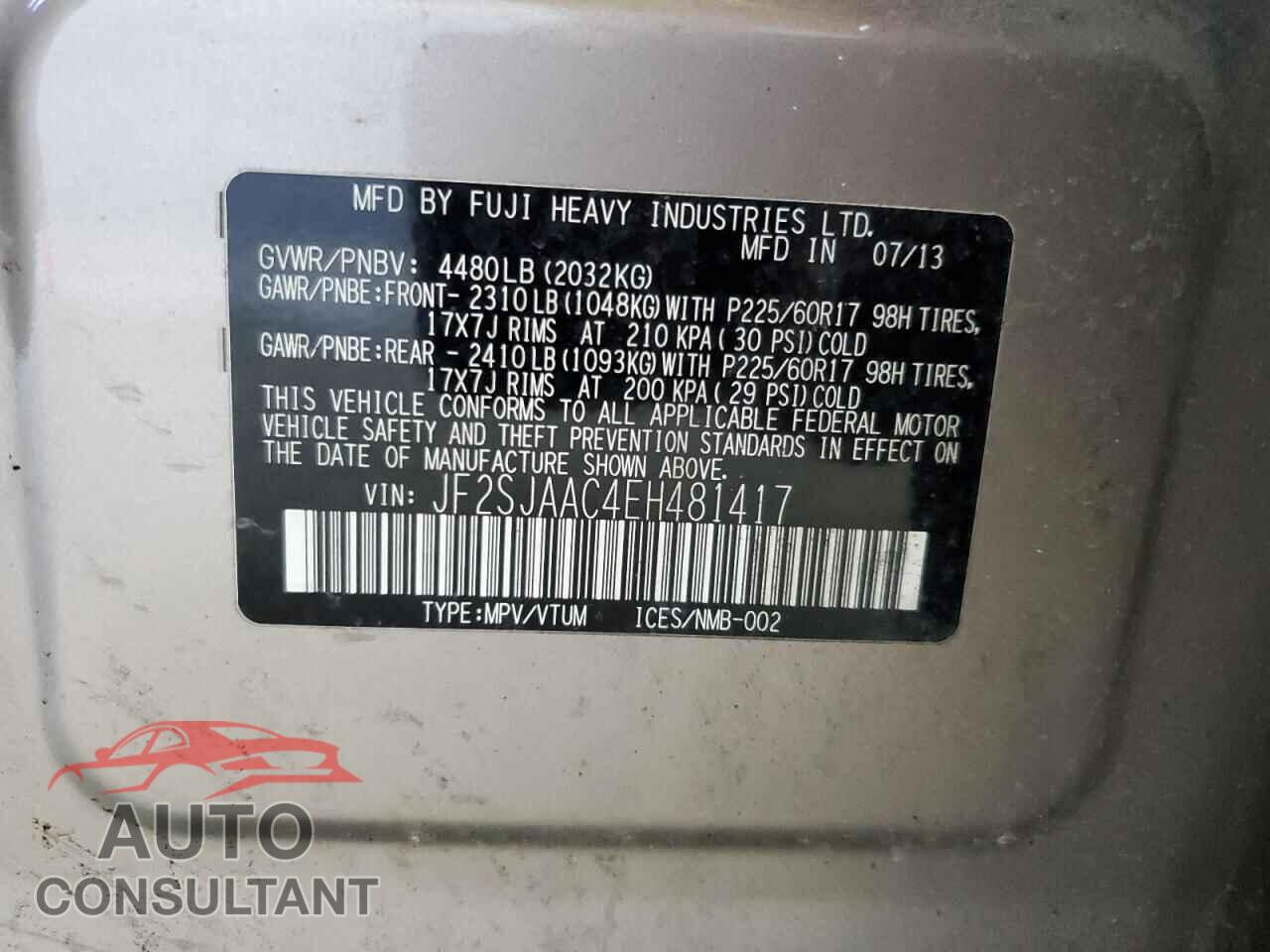 SUBARU FORESTER 2014 - JF2SJAAC4EH481417