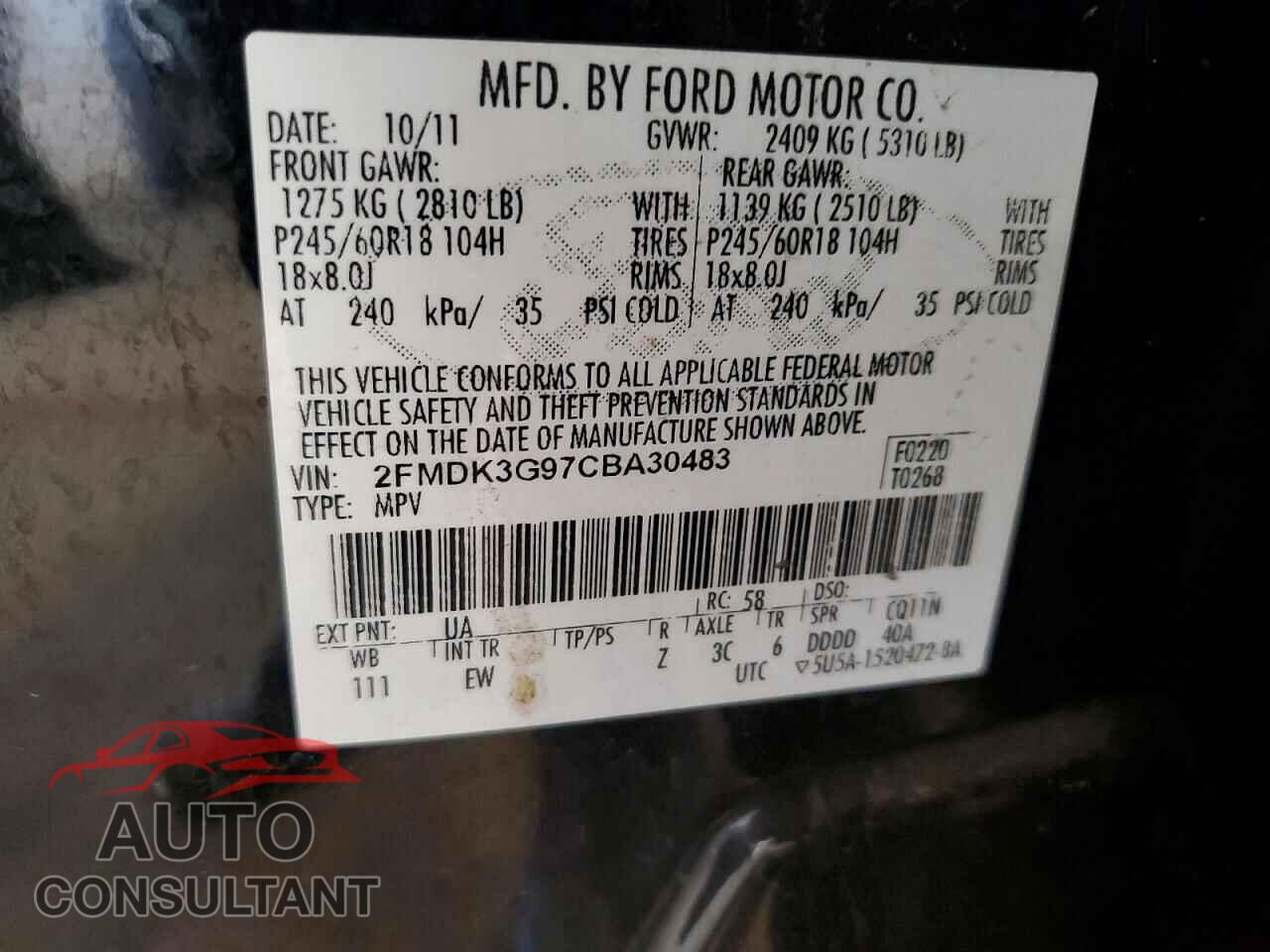 FORD EDGE 2012 - 2FMDK3G97CBA30483