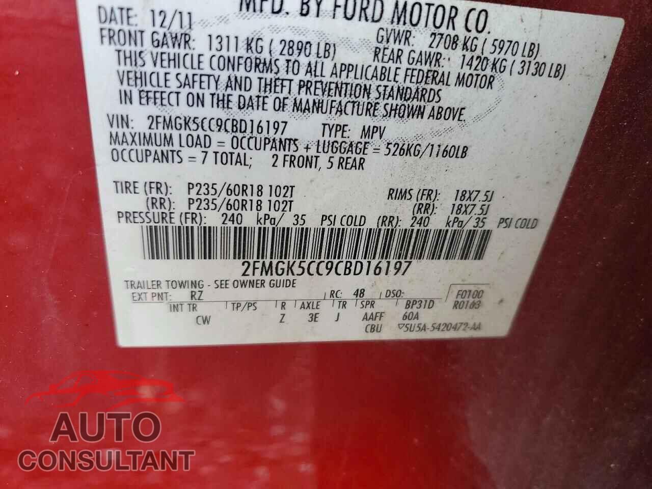 FORD FLEX 2012 - 2FMGK5CC9CBD16197