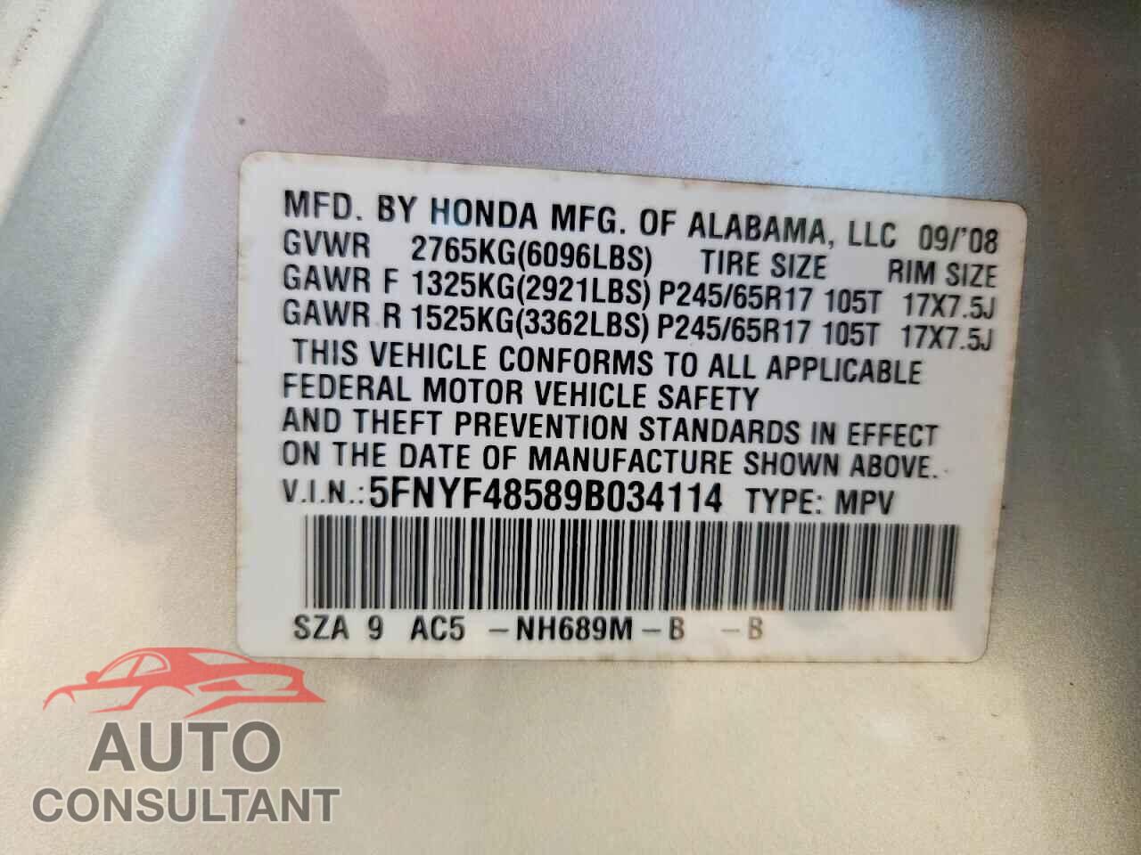 HONDA PILOT 2009 - 5FNYF48589B034114