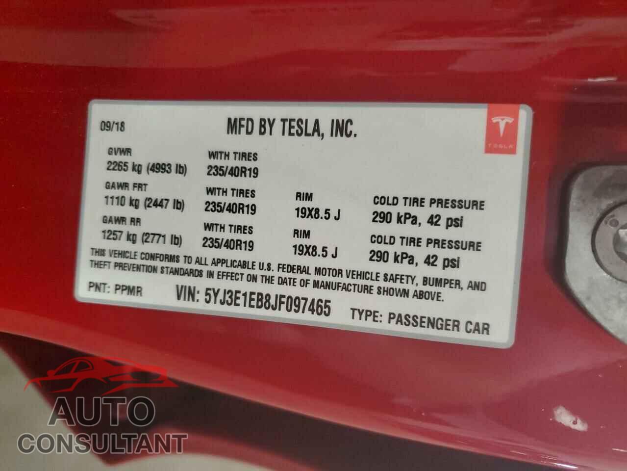 TESLA MODEL 3 2018 - 5YJ3E1EB8JF097465