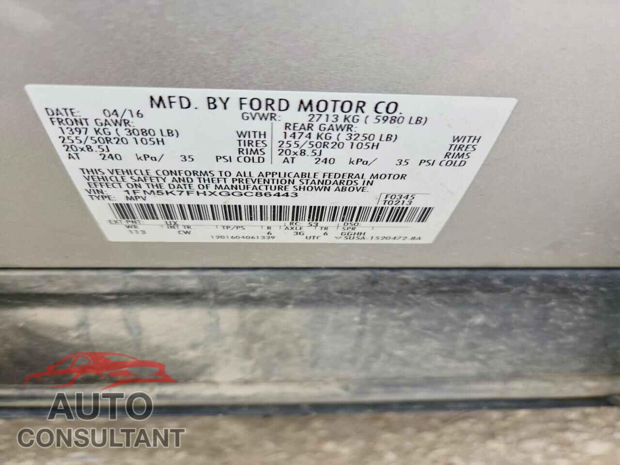 FORD EXPLORER 2016 - 1FM5K7FHXGGC86443