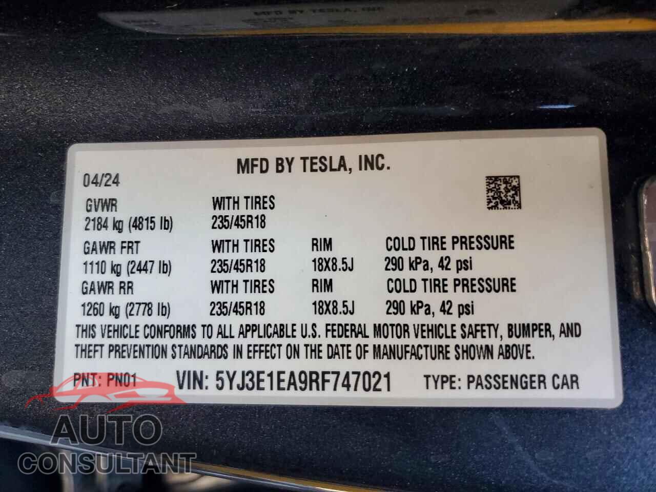 TESLA MODEL 3 2024 - 5YJ3E1EA9RF747021