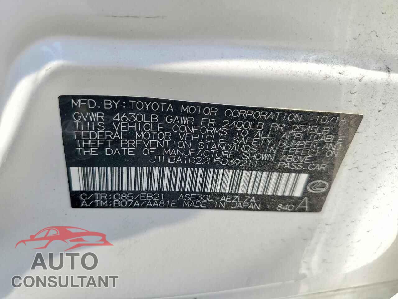 LEXUS IS 2017 - JTHBA1D22H5039211