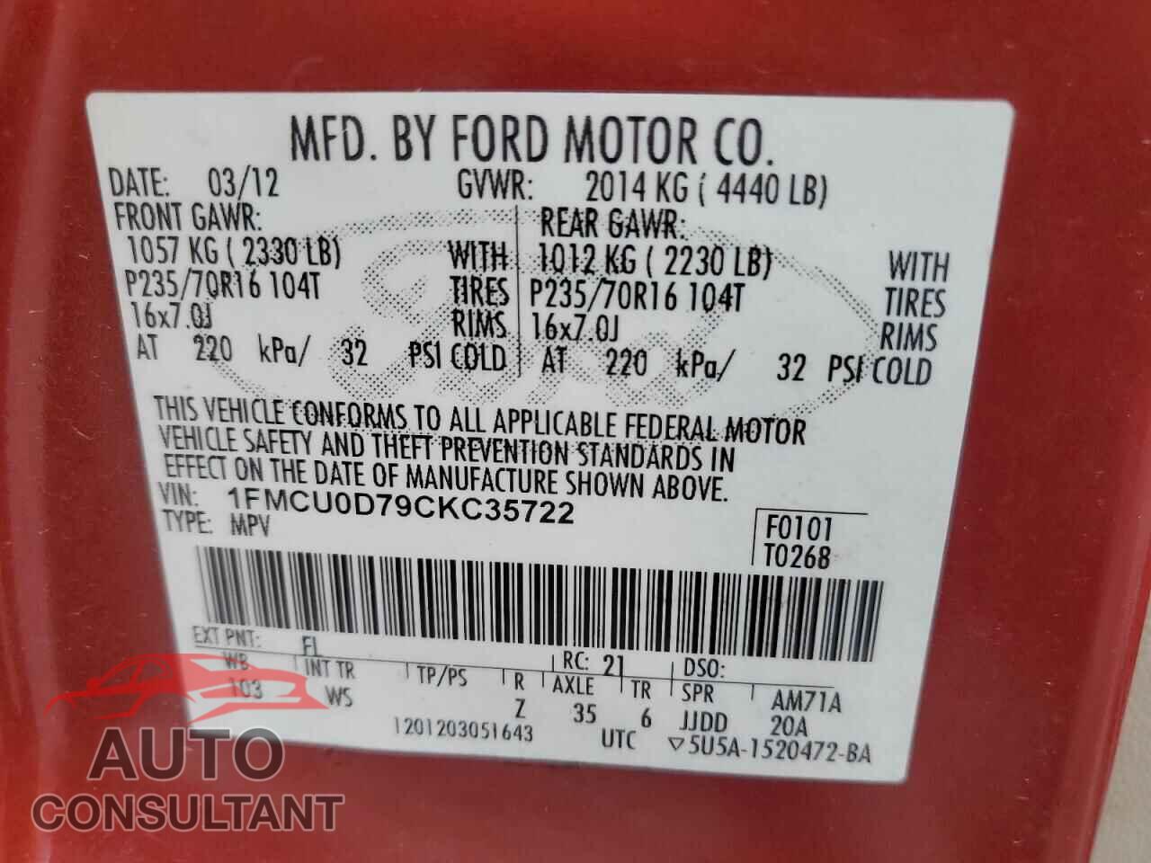 FORD ESCAPE 2012 - 1FMCU0D79CKC35722