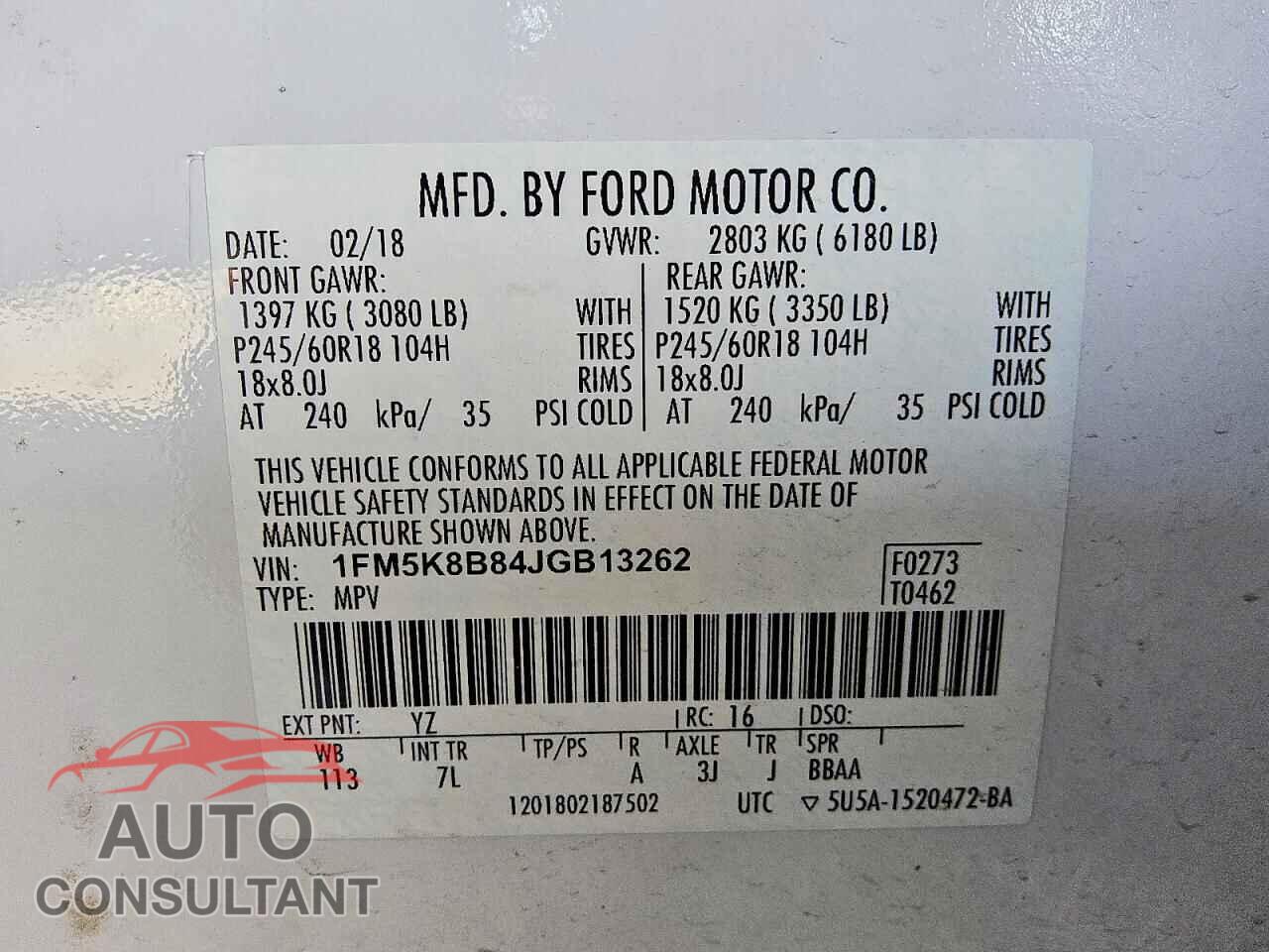 FORD EXPLORER 2018 - 1FM5K8B84JGB13262