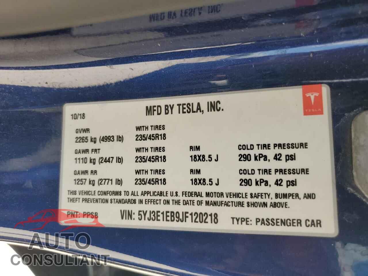 TESLA MODEL 3 2018 - 5YJ3E1EB9JF120218