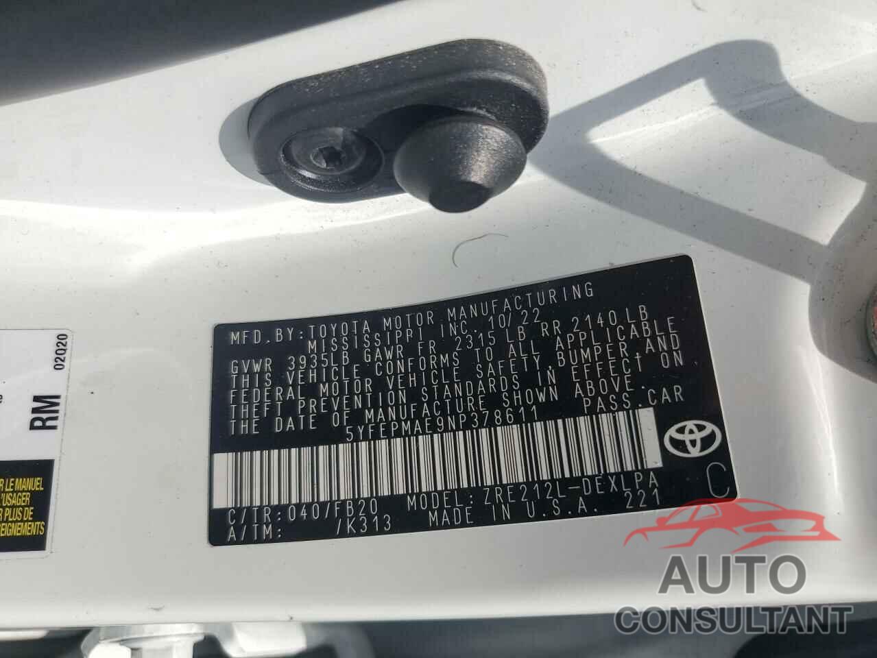 TOYOTA COROLLA 2022 - 5YFEPMAE9NP378611