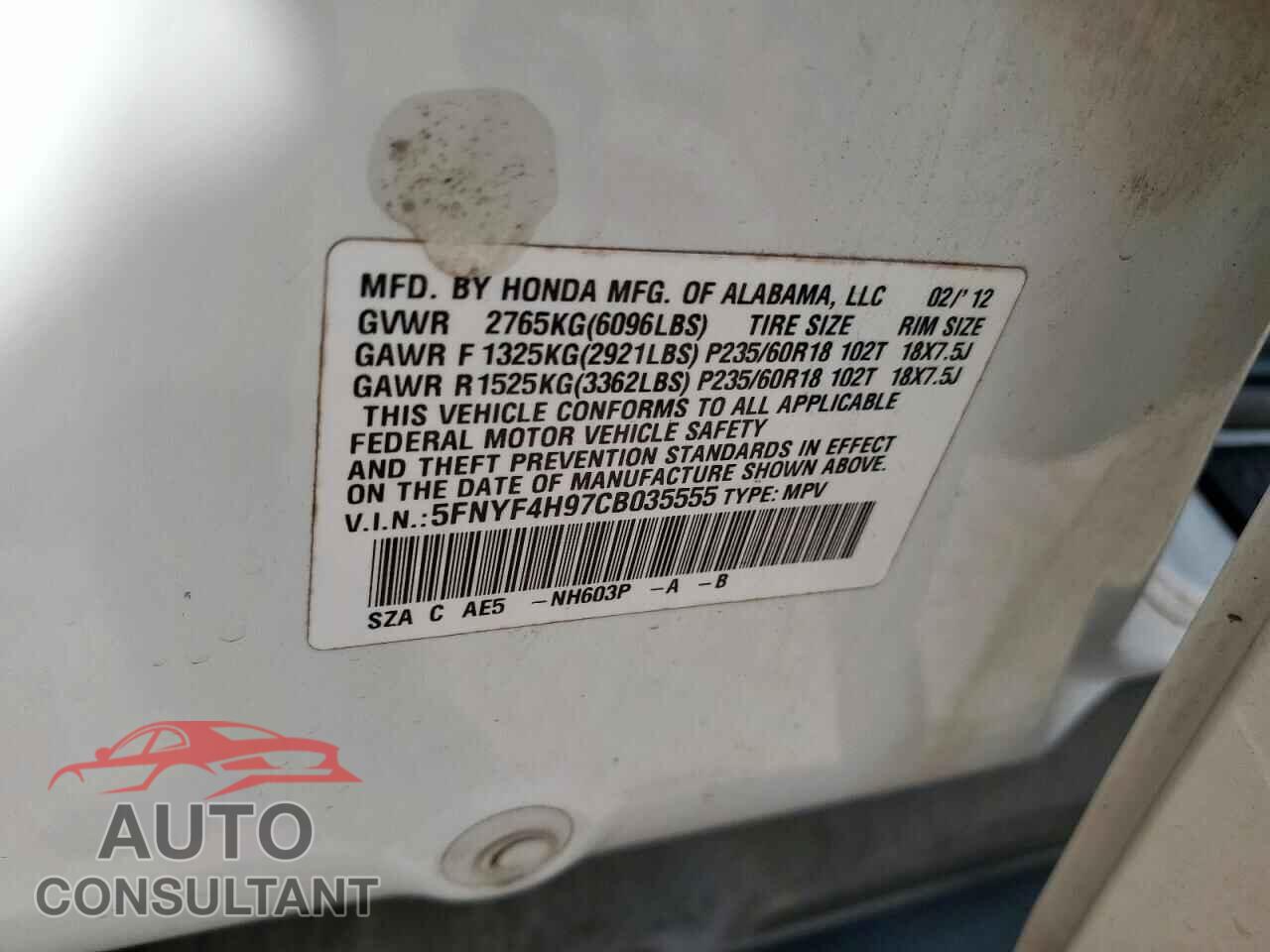 HONDA PILOT 2012 - 5FNYF4H97CB035555