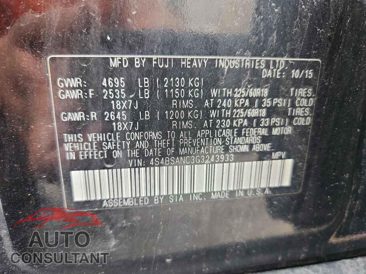 SUBARU OUTBACK 2016 - 4S4BSANC3G3243933