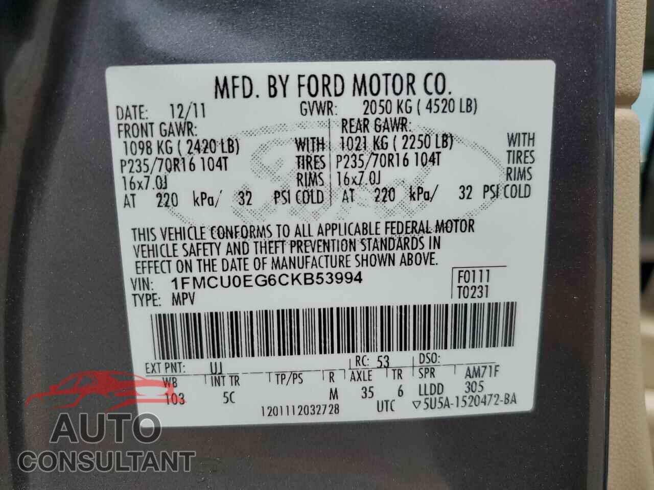 FORD ESCAPE 2012 - 1FMCU0EG6CKB53994