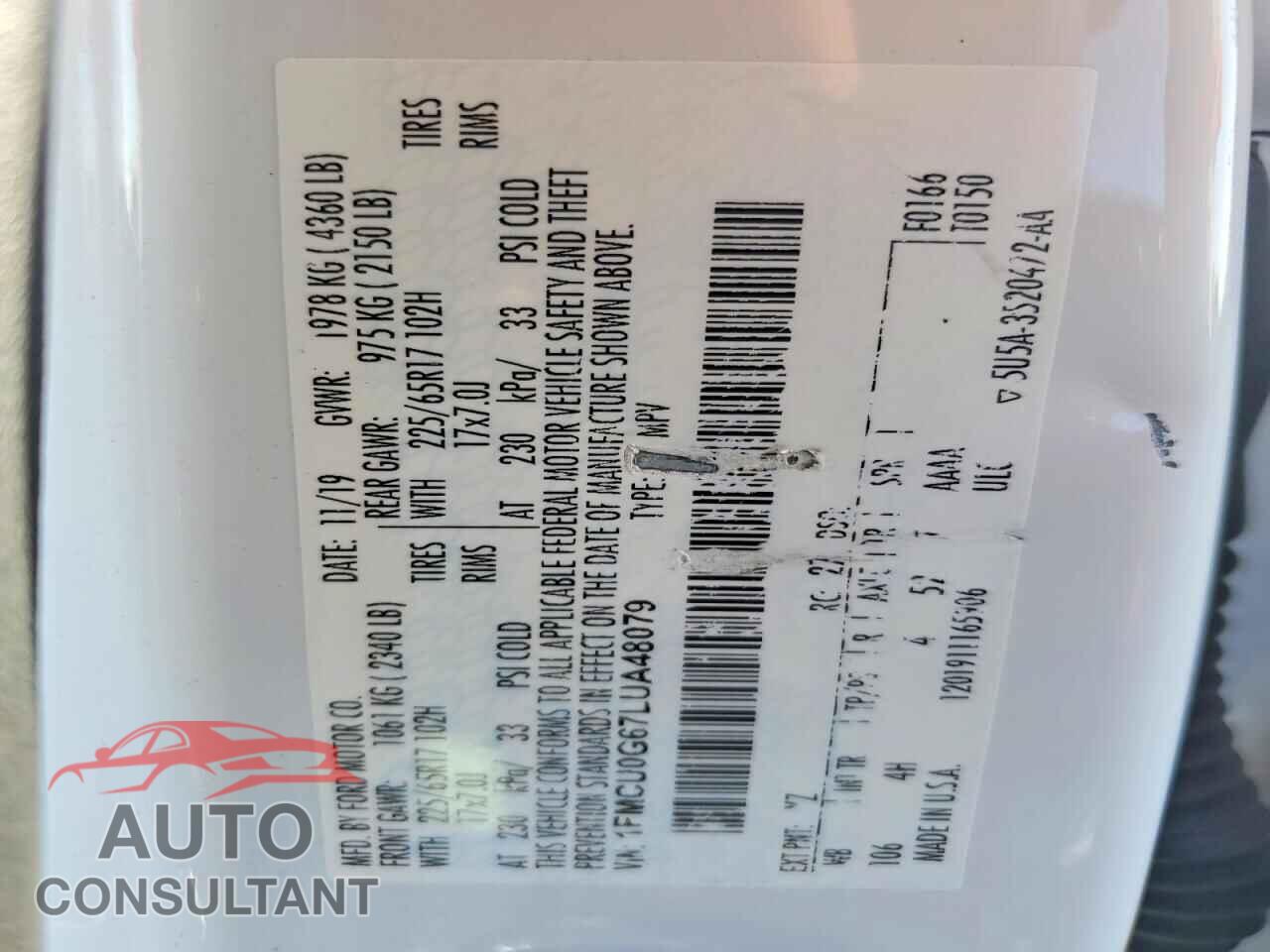 FORD ESCAPE 2020 - 1FMCU0G67LUA48079