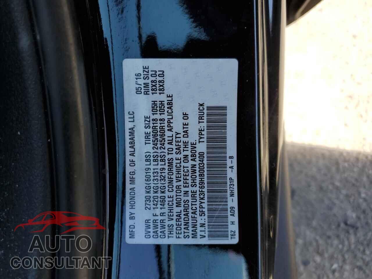 HONDA RIDGELINE 2017 - 5FPYK3F69HB003400