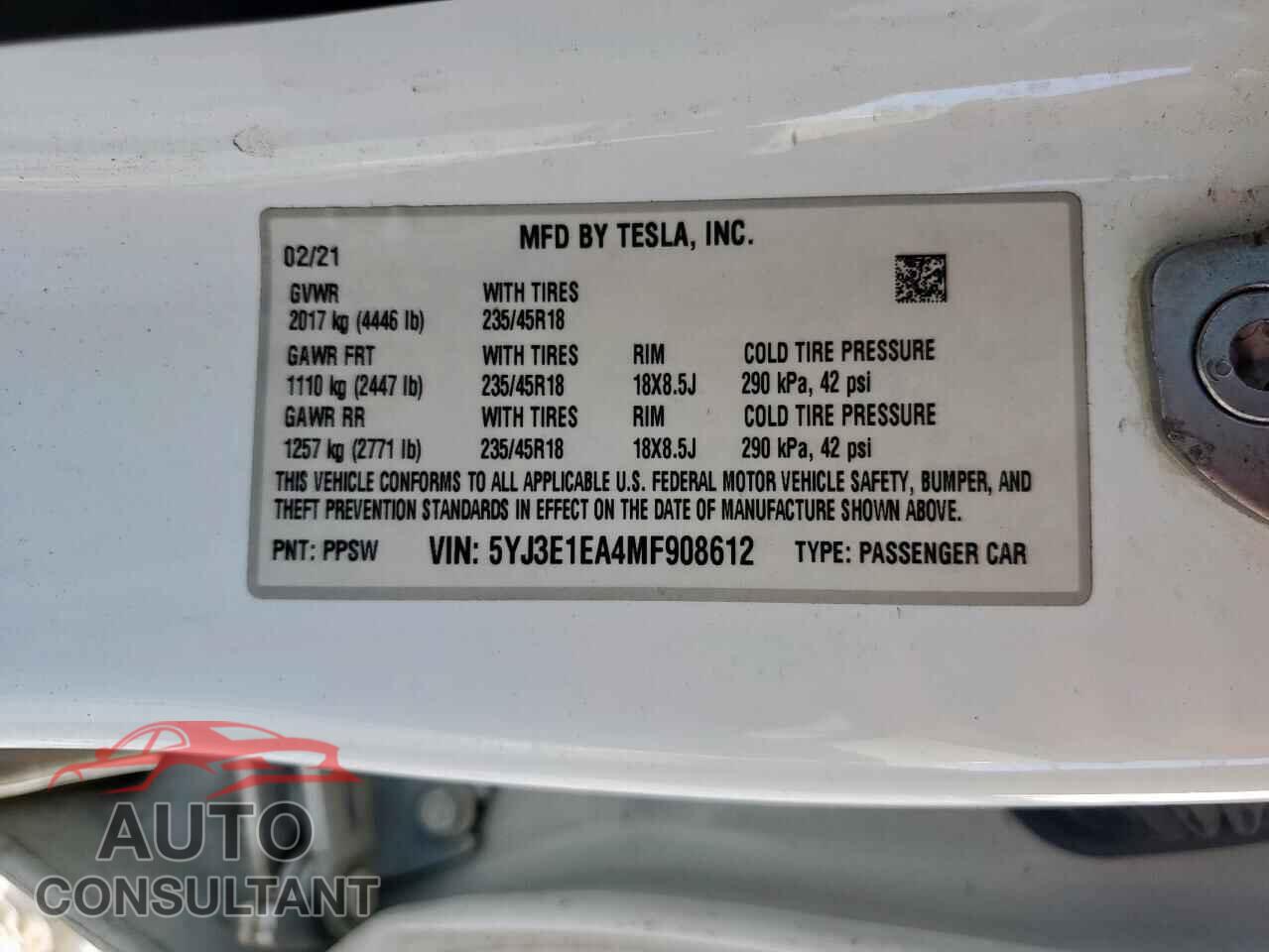 TESLA MODEL 3 2021 - 5YJ3E1EA4MF908612