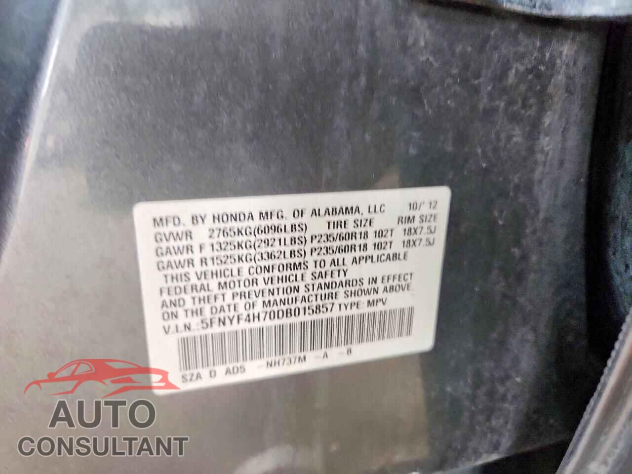 HONDA PILOT 2013 - 5FNYF4H70DB015857