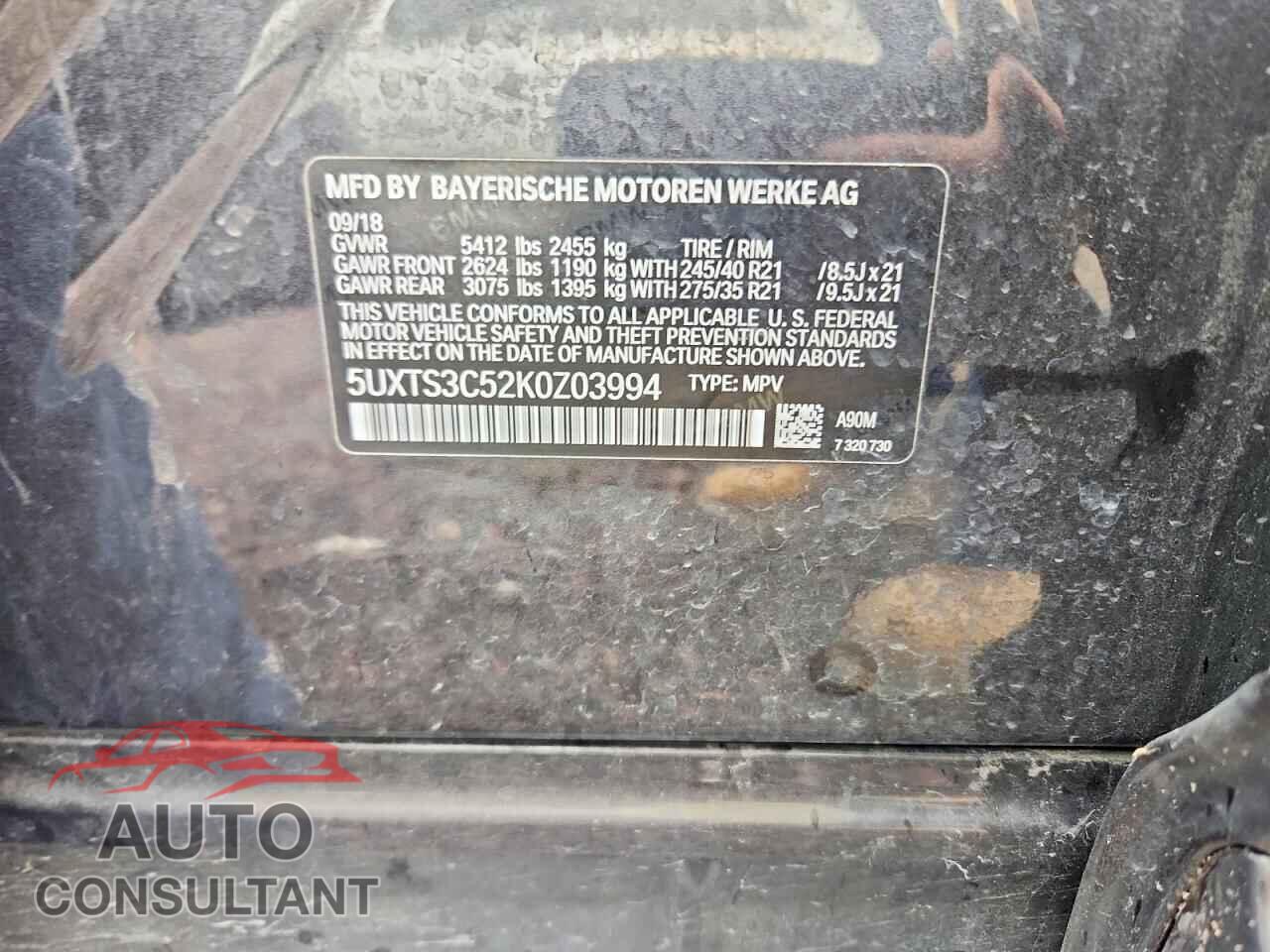 BMW X3 2019 - 5UXTS3C52K0Z03994