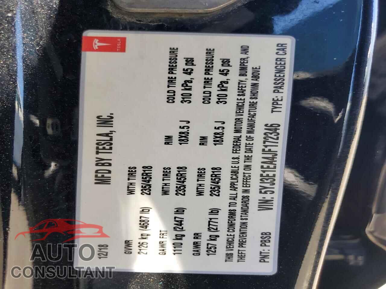 TESLA MODEL 3 2018 - 5YJ3E1EA4JF172346