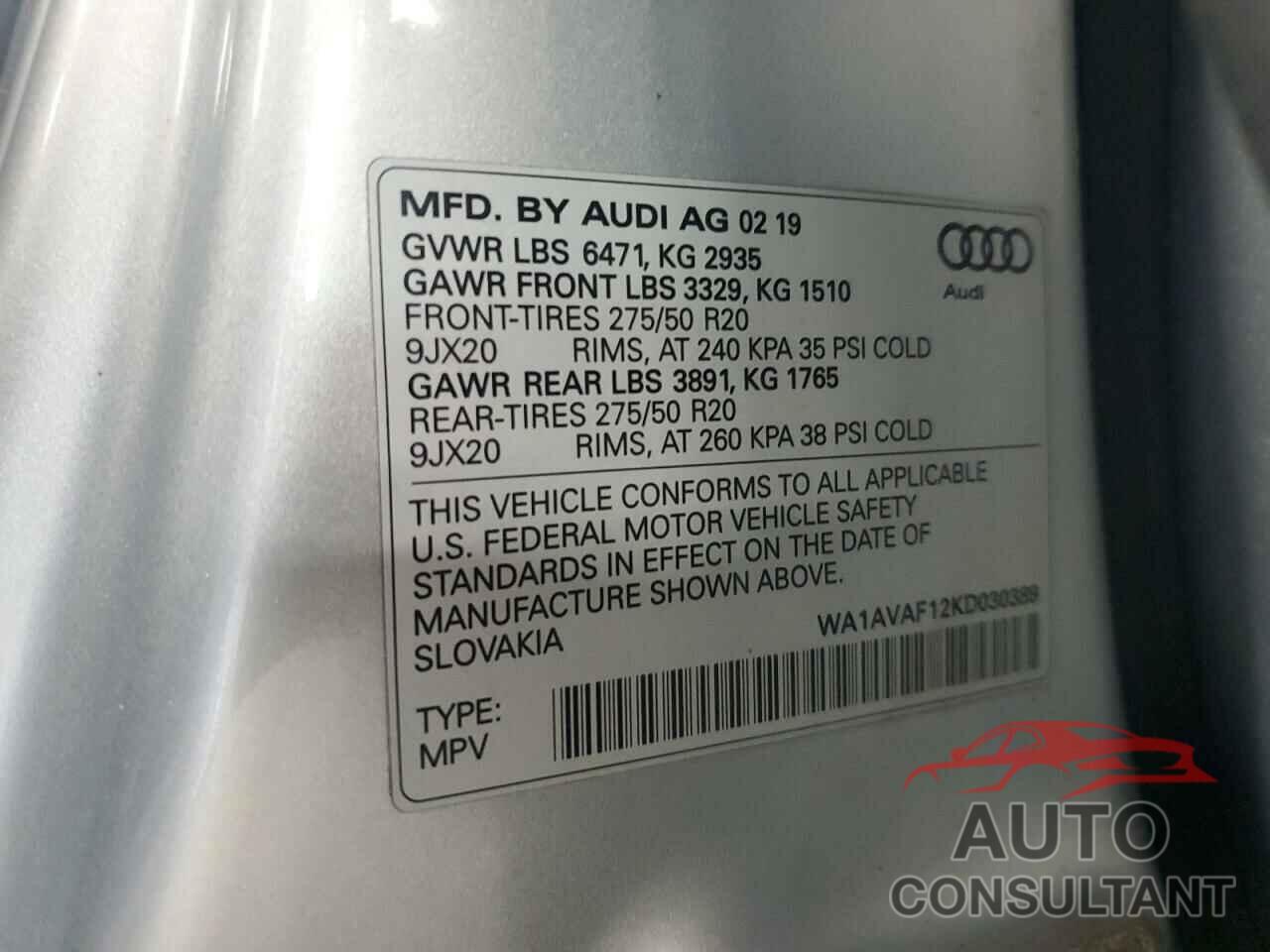 AUDI Q8 2019 - WA1AVAF12KD030389