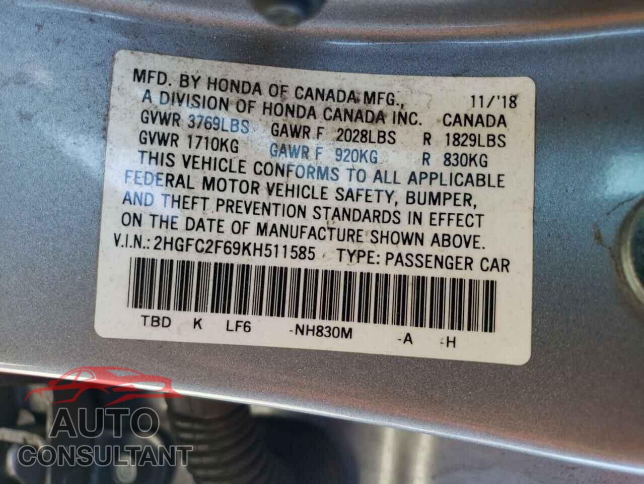 HONDA CIVIC 2019 - 2HGFC2F69KH511585