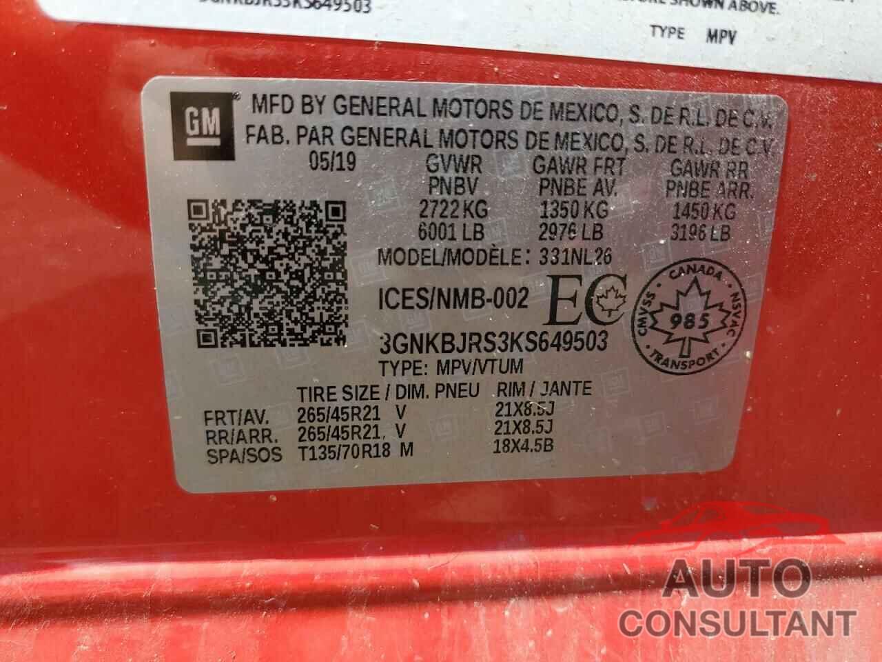 CHEVROLET BLAZER 2019 - 3GNKBJRS3KS649503