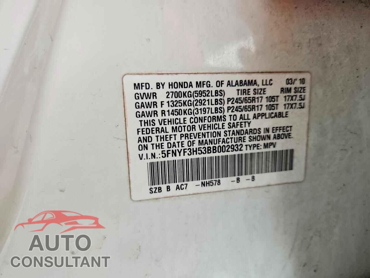 HONDA PILOT 2011 - 5FNYF3H53BB002932