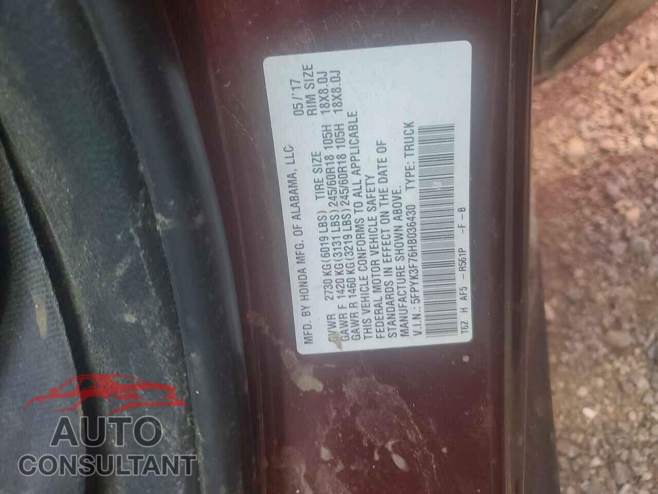 HONDA RIDGELINE 2017 - 5FPYK3F76HB036430