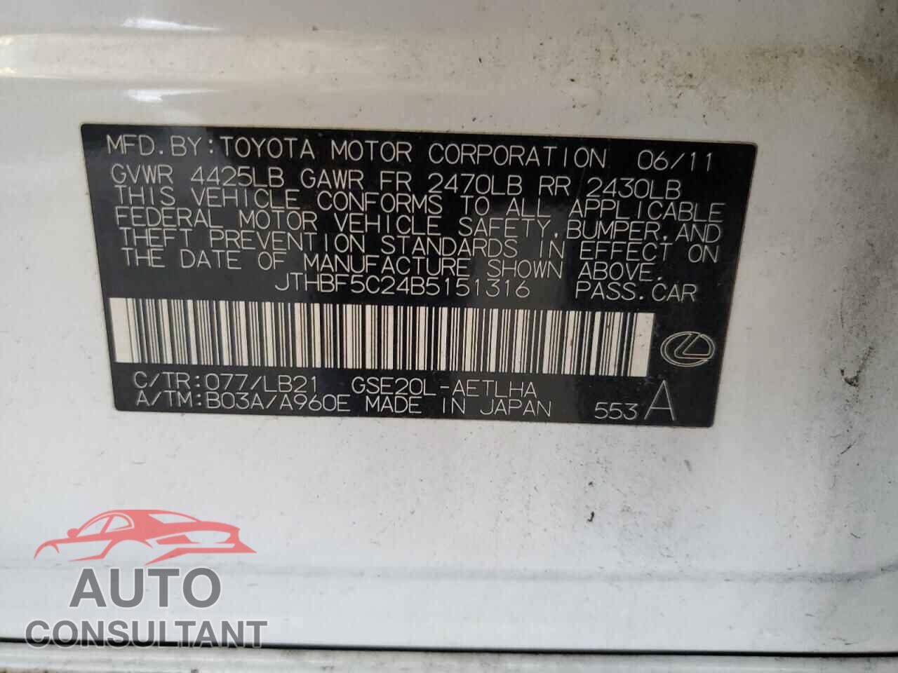 LEXUS IS 2011 - JTHBF5C24B5151316