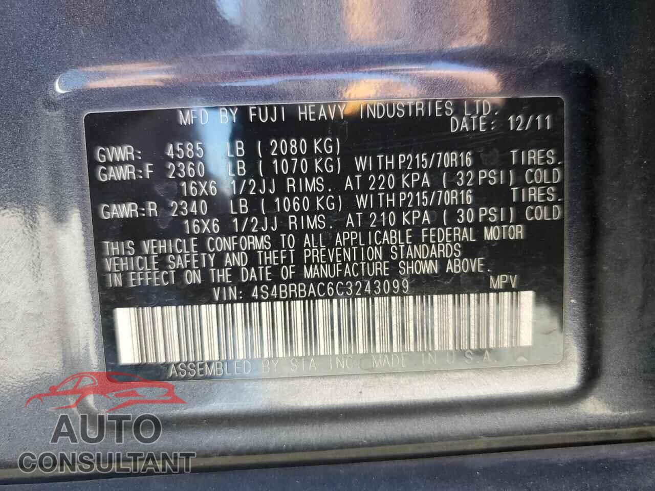 SUBARU OUTBACK 2012 - 4S4BRBAC6C3243099
