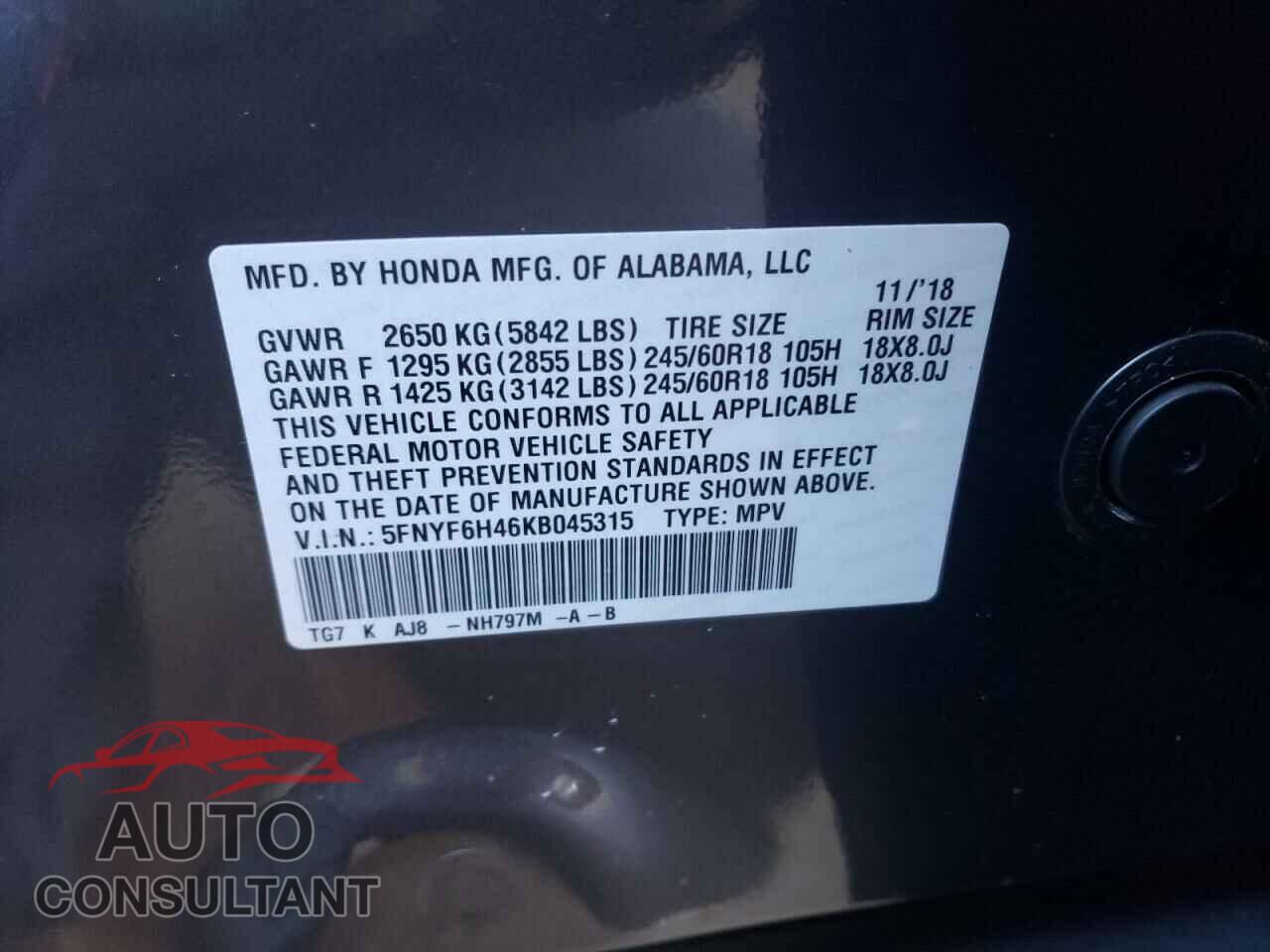 HONDA PILOT 2019 - 5FNYF6H46KB045315