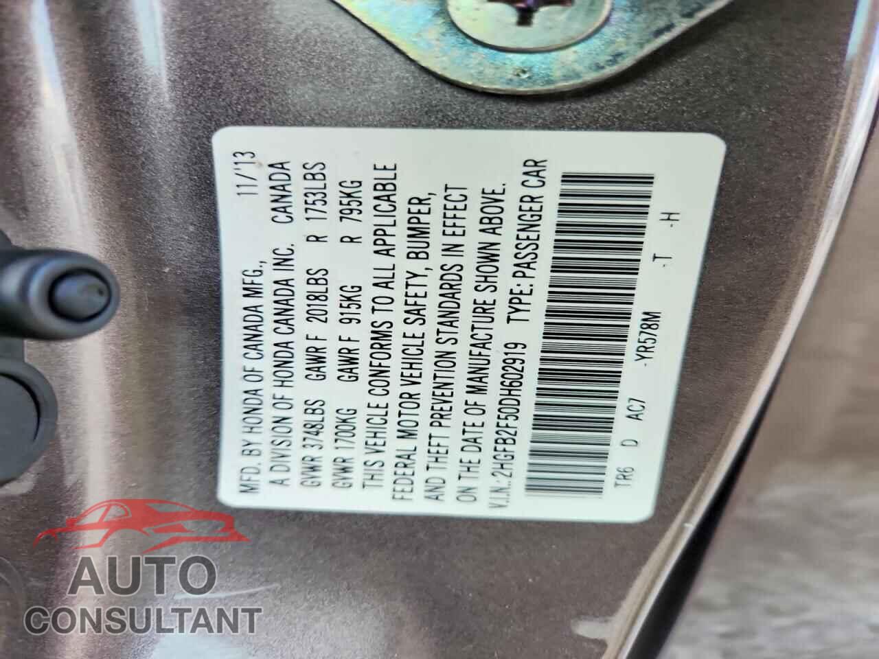 HONDA CIVIC 2013 - 2HGFB2F50DH602919