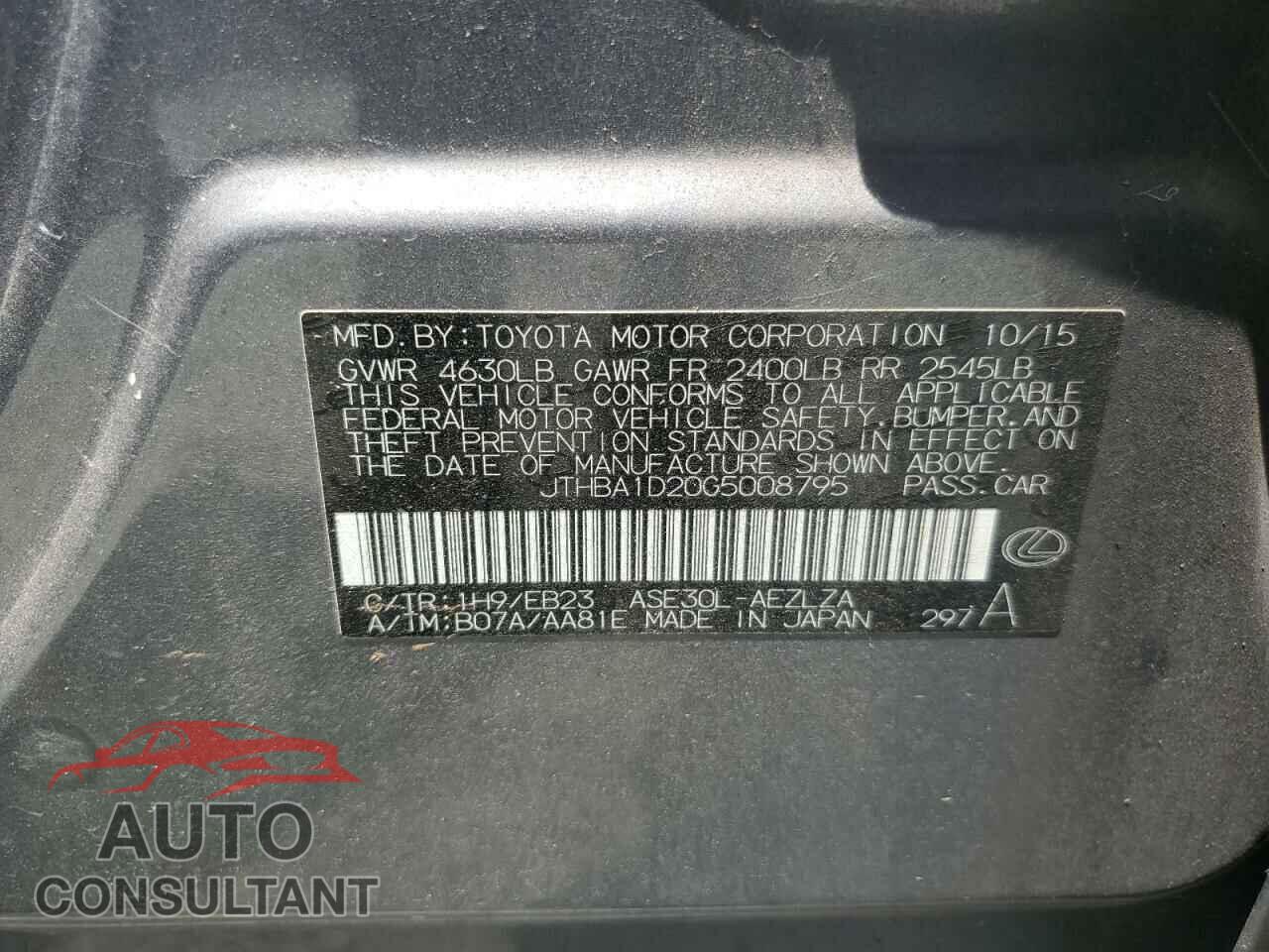 LEXUS IS 2016 - JTHBA1D20G5008795