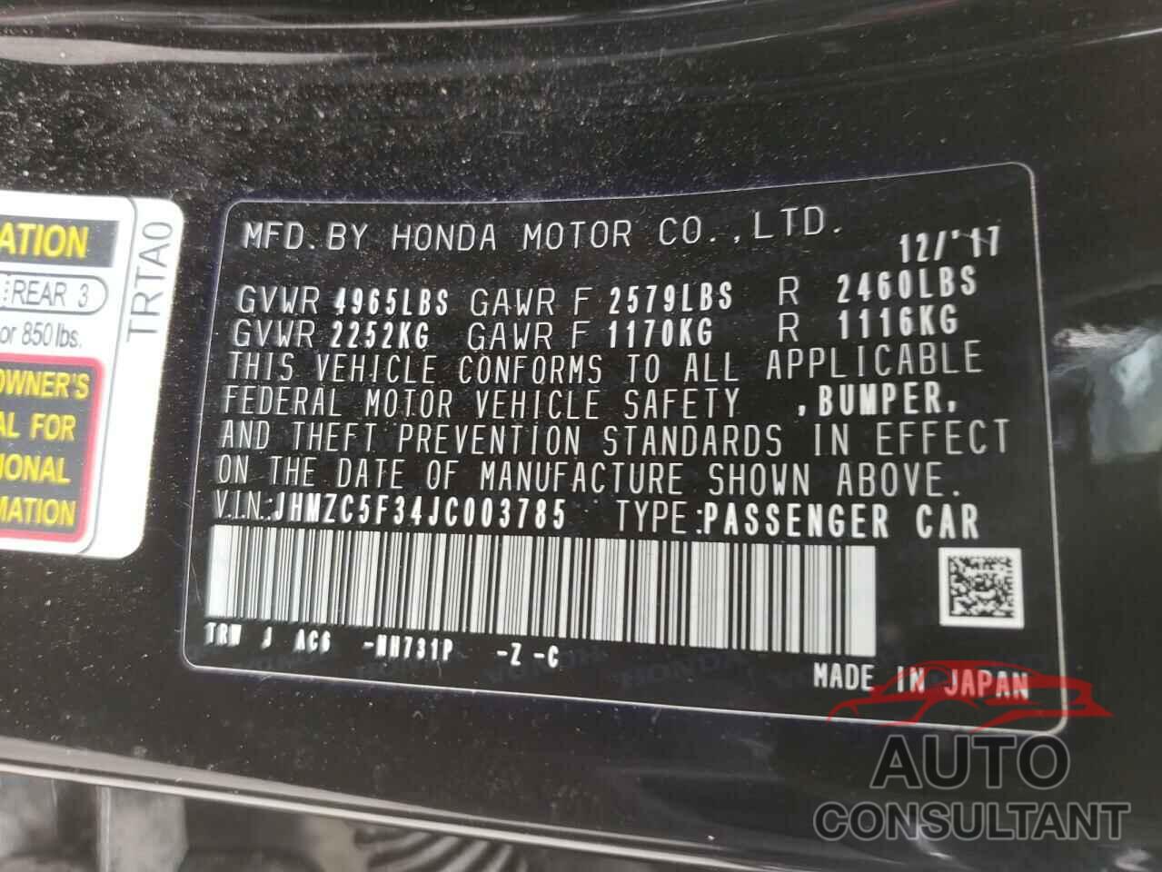 HONDA CLARITY 2018 - JHMZC5F34JC003785